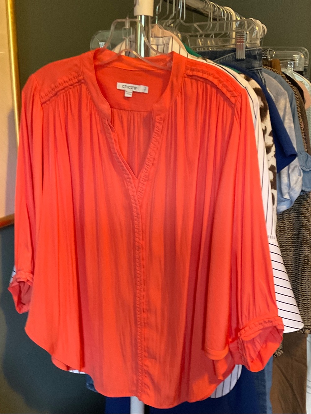 Chico's Coral-Rose Split V Peasant Blouse